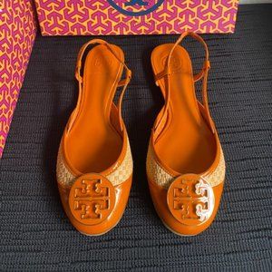 Authentic TORY BURCH Orange patent leather RANDY SLINGBACK flats NWB size 8.5
